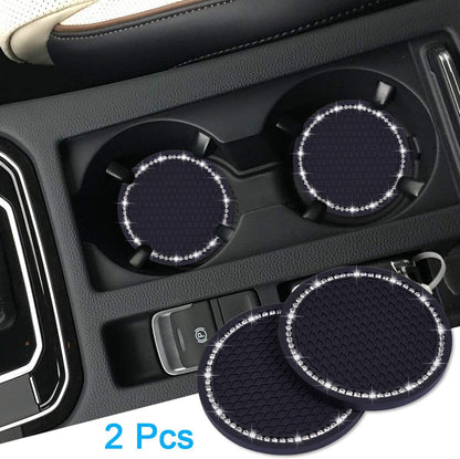 Bling Car Coasters, 2 Pack PVC Car Cup Holder Insert Coaster - anti Slip Universal Vehicle Interior Accessories Crystal Glitter Cup Mats for Women and Men(2.75" Diameter, Black)