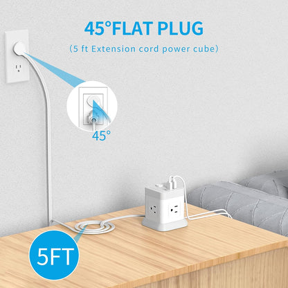 Power Strip with USB,  Flat Plug Extension Cord with 4 Outlets and 3 USB Ports, 5 FT Power Cord Desktop Charging Station, Overload Protection, Compact Portable for Travel Home Office Cruise Ship