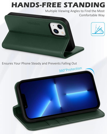 Case for Iphone 13, Genuine Leather Iphone 13 5G Wallet Folding Case with Kickstand RFID Blocking Card Slots Magnetic Shockproof Case Compatible with Iphone 13 5G (6.1" 2021) - Midnight Green