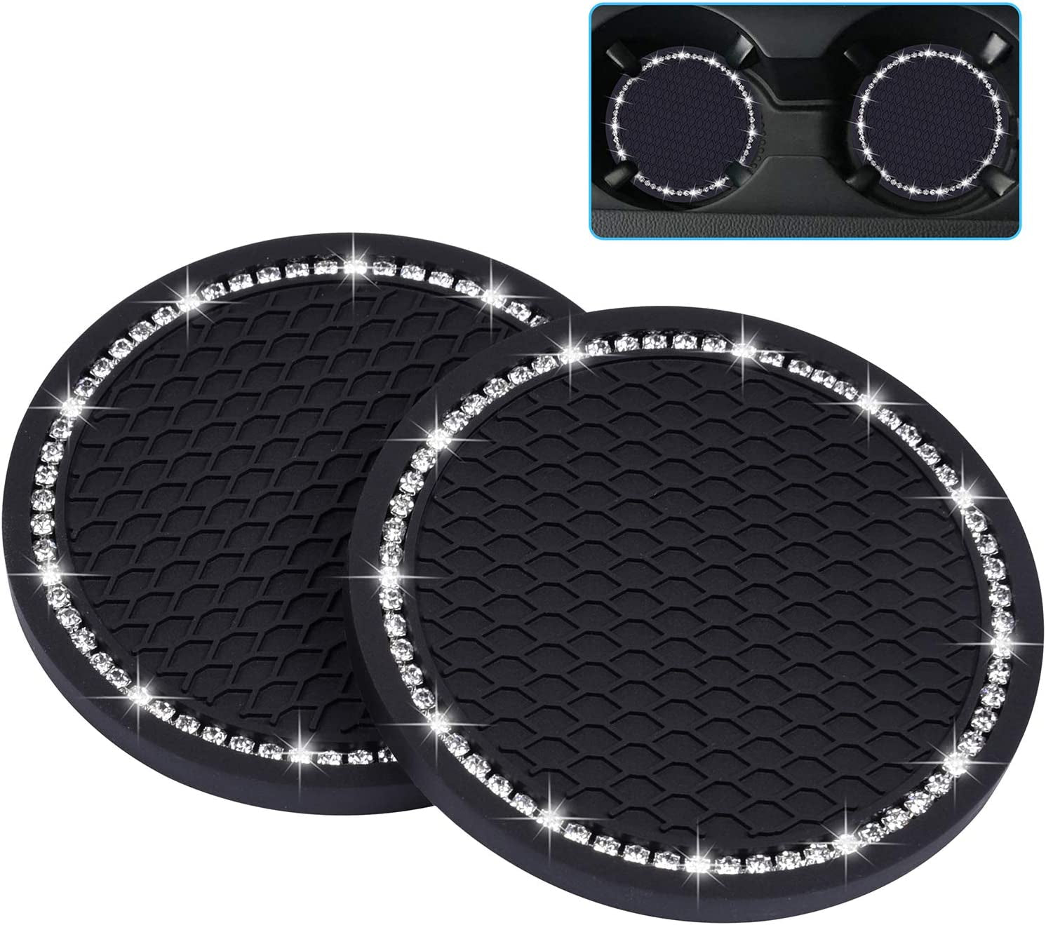 Bling Car Coasters, 2 Pack PVC Car Cup Holder Insert Coaster - anti Slip Universal Vehicle Interior Accessories Crystal Glitter Cup Mats for Women and Men(2.75" Diameter, Black)