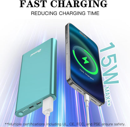 Portable Charger,  Power Bank 12000Mah Aluminum(Travel)(Powerful) USB C High Speed 3.0A Input/Output Compatible Iphone 13/13 Pro Max/12/12 PM, Samsung, Ipad - Mint (8 Pin Charging Cable Included)