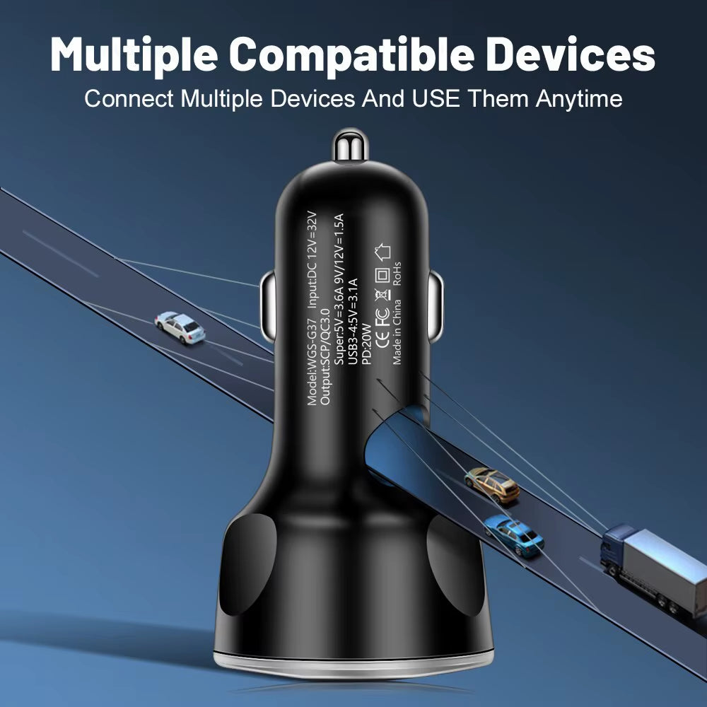 4Usb PD 250W Car Charger Type C Fast Charging Auto Mobile Phone Adapter for Iphone Samsung Huawei Xiaomi QC 3.0