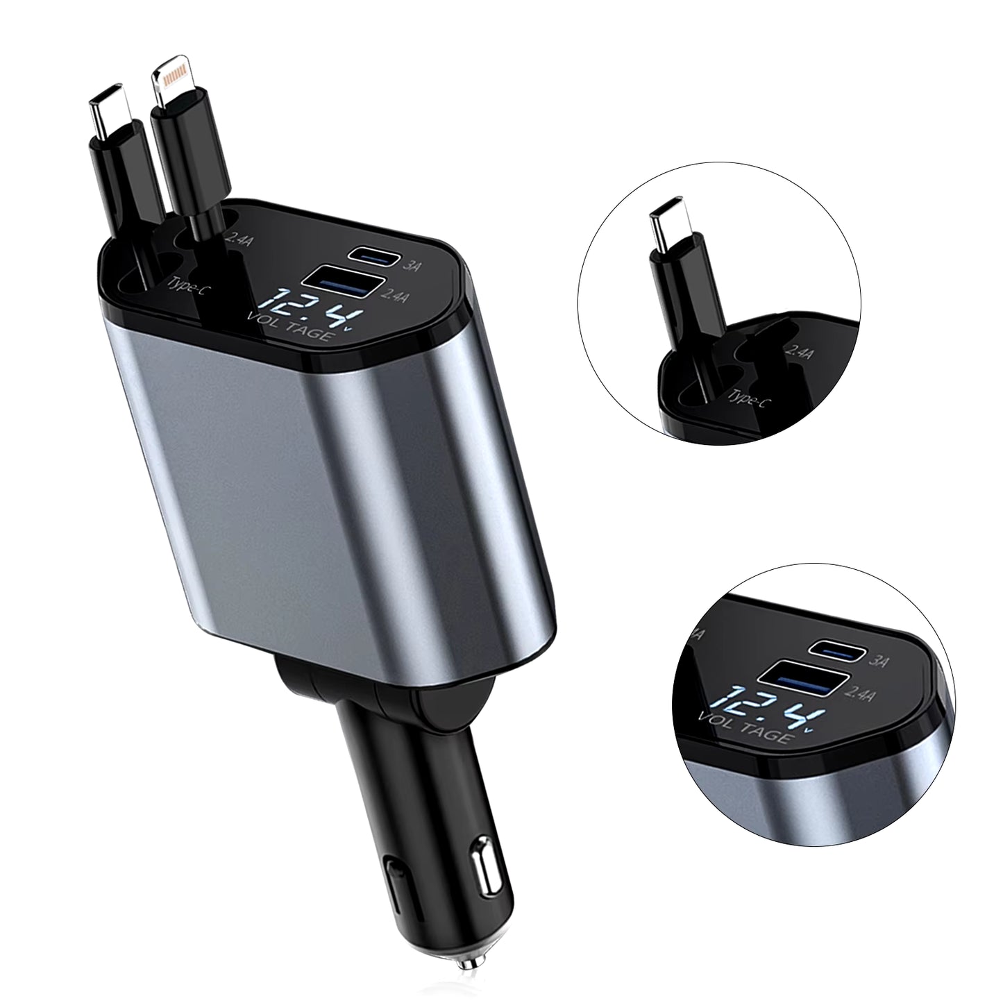 4 in 1 Retractable Car Charger, 100W Quick Charge with 2 USB Port, Retractable Iphone Charger & Tap-C Charger, Retractable Cable