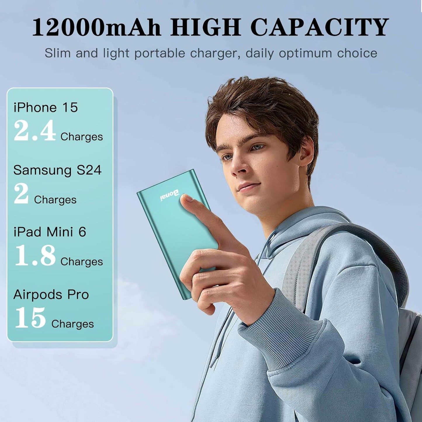 Portable Charger,  Power Bank 12000Mah Aluminum(Travel)(Powerful) USB C High Speed 3.0A Input/Output Compatible Iphone 13/13 Pro Max/12/12 PM, Samsung, Ipad - Mint (8 Pin Charging Cable Included)