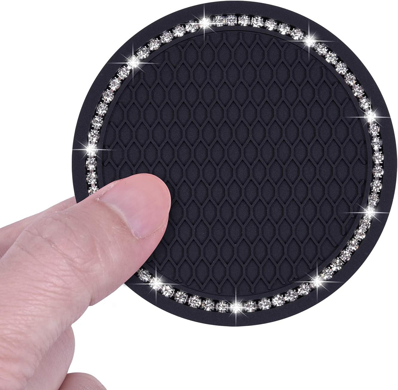 Bling Car Coasters, 2 Pack PVC Car Cup Holder Insert Coaster - anti Slip Universal Vehicle Interior Accessories Crystal Glitter Cup Mats for Women and Men(2.75" Diameter, Black)