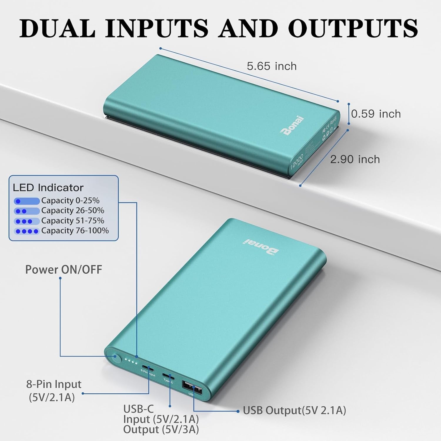 Portable Charger,  Power Bank 12000Mah Aluminum(Travel)(Powerful) USB C High Speed 3.0A Input/Output Compatible Iphone 13/13 Pro Max/12/12 PM, Samsung, Ipad - Mint (8 Pin Charging Cable Included)