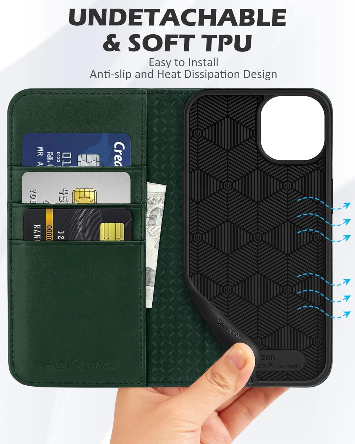 Case for Iphone 13, Genuine Leather Iphone 13 5G Wallet Folding Case with Kickstand RFID Blocking Card Slots Magnetic Shockproof Case Compatible with Iphone 13 5G (6.1" 2021) - Midnight Green