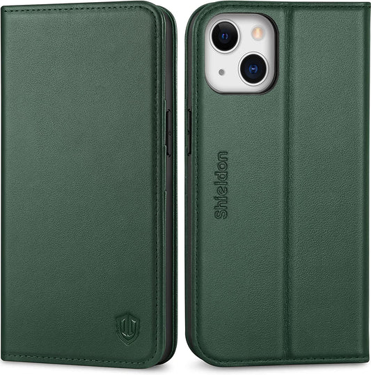 Case for Iphone 13, Genuine Leather Iphone 13 5G Wallet Folding Case with Kickstand RFID Blocking Card Slots Magnetic Shockproof Case Compatible with Iphone 13 5G (6.1" 2021) - Midnight Green